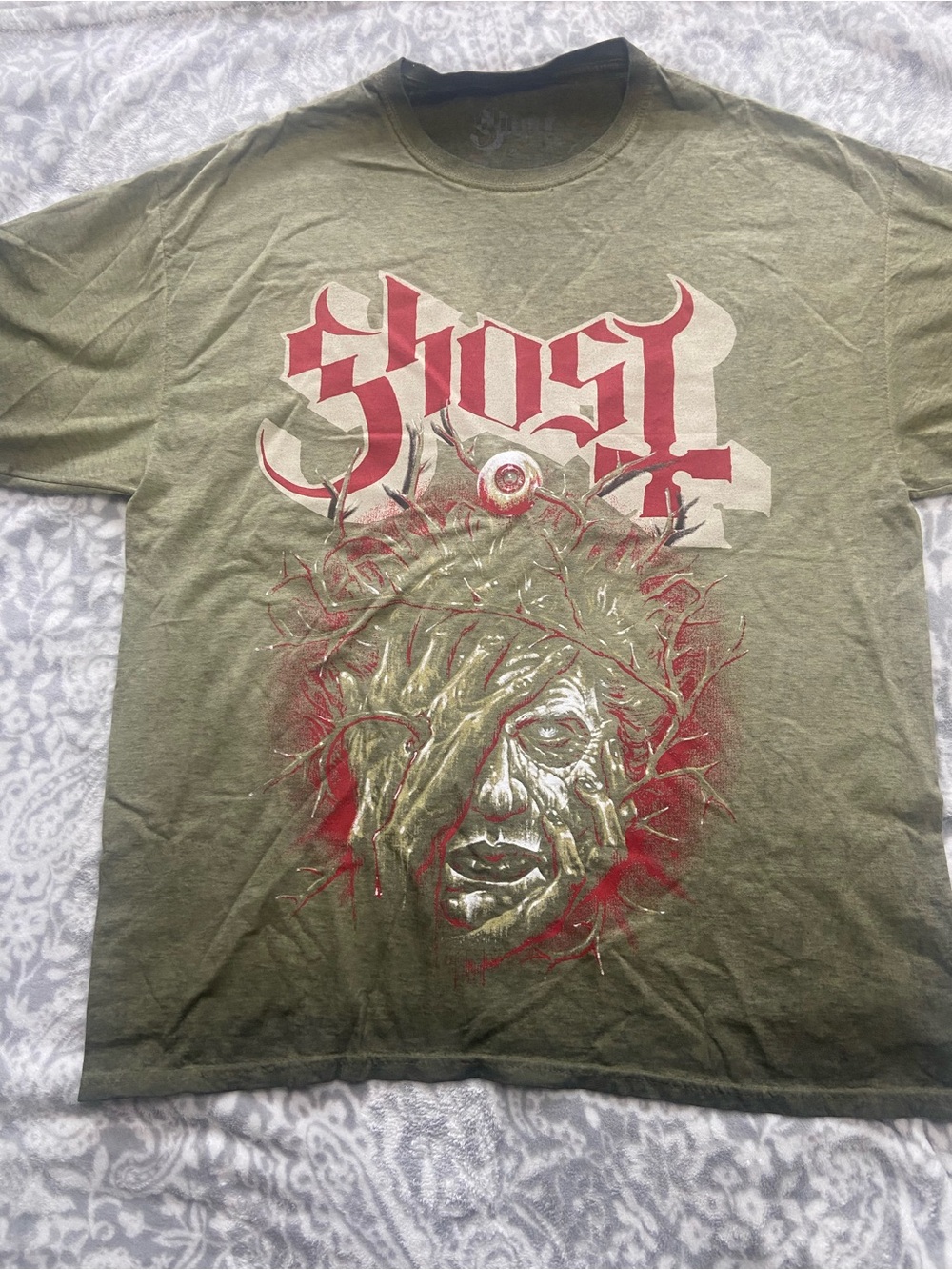 Ghost Distressed Band T-shirt Size XL. Green color with red print.